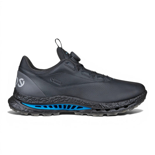 Clarkes Golf black leather golf shoes with BOA fit system and blue sole detail. Waterproof.