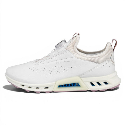 Clarkes Golf white leather Ecco Biom C4 Boa golf shoes with BOA fit system and spikeless sole.