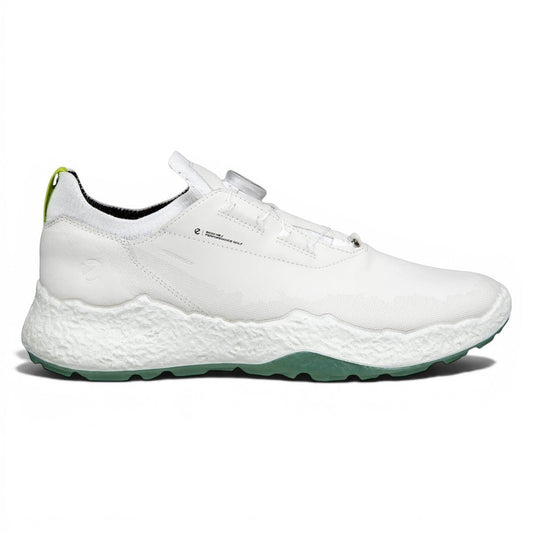 Clarkes Golf white Ecco Biom H5 BOA golf shoes with green sole and BOA fit system