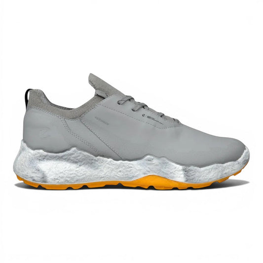 Clarkes Golf Ecco Biom H5 grey leather waterproof golf shoes with knit sock and orange sole.