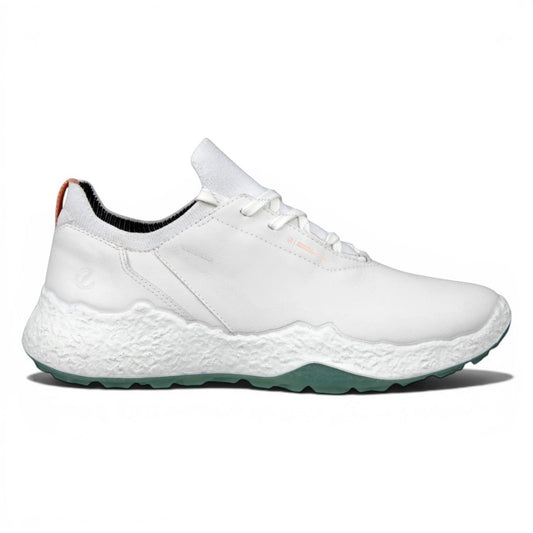 Clarkes Golf Ecco Ladies Biom H5 white leather golf shoes with green sole and knit sock