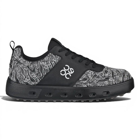 Clarkes Golf Ecco Street 720 Graphic Golf Shoes - Black and white graphic print, waterproof, spikeless, laced fastening.