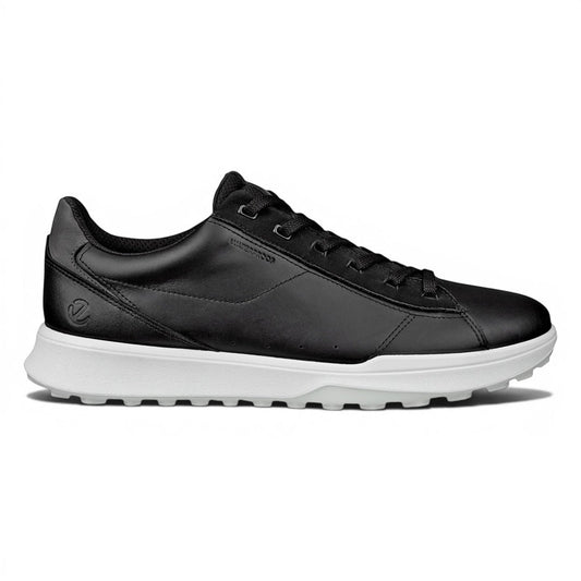 Clarkes Golf Ecco Street Vibe black leather waterproof spikeless golf shoes with white sole.