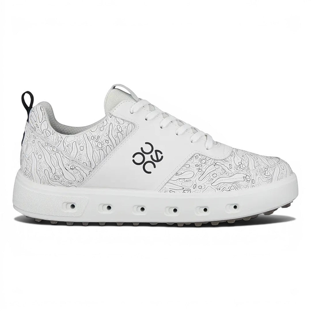 Clarkes Golf white leather graphic golf shoes with spikeless sole and waterproof GORE-TEX Surround technology.