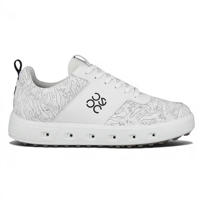 Clarkes Golf white leather graphic golf shoes with spikeless sole and waterproof GORE-TEX Surround technology.