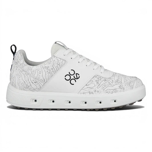 Clarkes Golf white leather graphic golf shoes with spikeless sole and waterproof GORE-TEX Surround technology.
