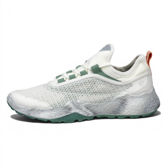 Clarkes Golf white and green textile golf shoes with spikeless outsole and laced closure.