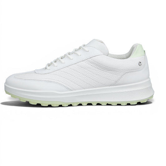 Clarkes Golf white leather golf shoes with light green sole accents and a classic lace-up design.