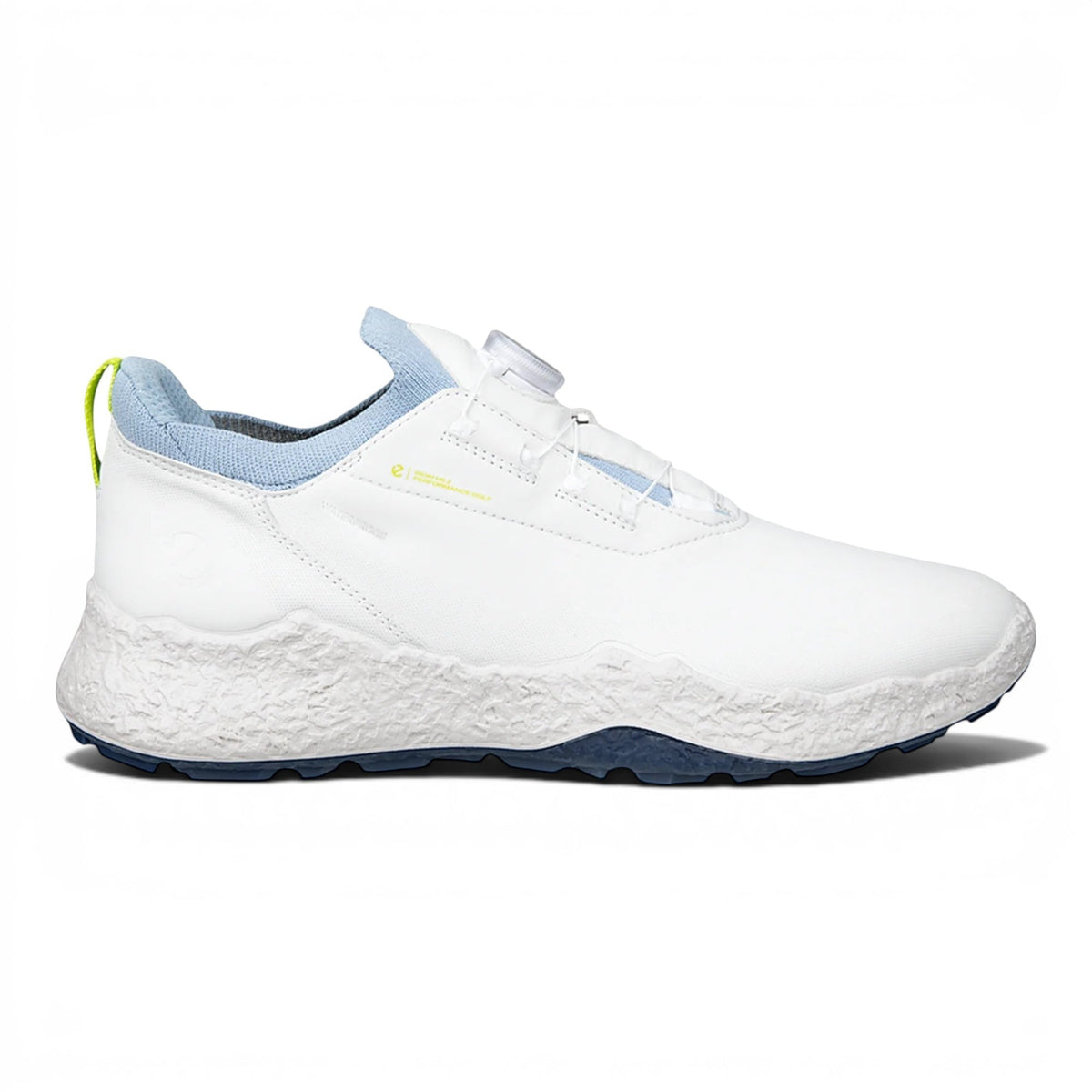 Clarkes Golf white leather golf shoes with blue knit sock and BOA closure system