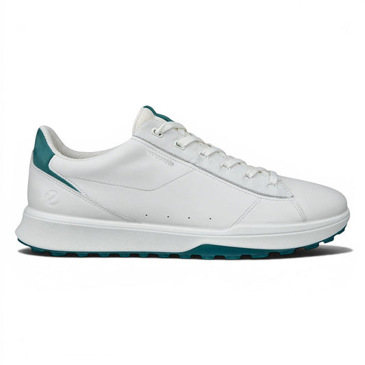 Clarkes Golf white leather Ecco Street Vibe golf shoes with teal accents and spikeless sole.