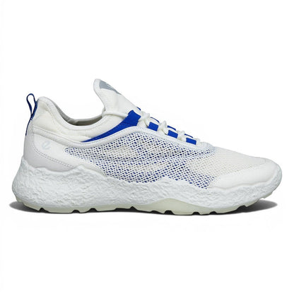 Clarkes Golf white textile golf shoes with blue accents and a spikeless sole.